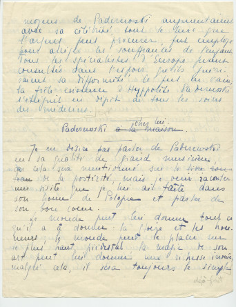 Reproduction manuscrite de divers articles de presse sur Paderewski (sans réf. claires la plupart du temps) par Lydia Opienska-Barblan (probablement tirés d'un pressbook)
