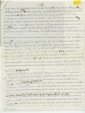 Récit d'Henryk Opienski des derniers jours et de l'enterrement de Paderewski, transmis par poste à Hélène Lübke, ancienne secrétaire d'Hélène Paderewska, en août 1941 – Copie carbone dactylographiée avec corrections et enveloppe – Saisie informatique
