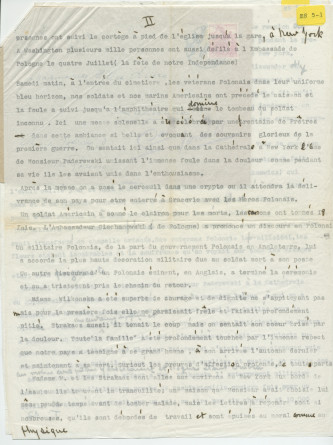Récit d'Henryk Opienski des derniers jours et de l'enterrement de Paderewski, transmis par poste à Hélène Lübke, ancienne secrétaire d'Hélène Paderewska, en août 1941 – Copie carbone dactylographiée avec corrections et enveloppe – Saisie informatique