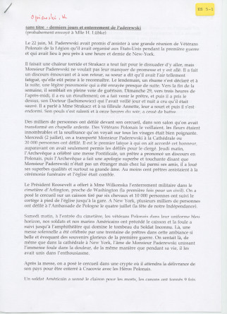 Récit d'Henryk Opienski des derniers jours et de l'enterrement de Paderewski, transmis par poste à Hélène Lübke, ancienne secrétaire d'Hélène Paderewska, en août 1941 – Copie carbone dactylographiée avec corrections et enveloppe – Saisie informatique