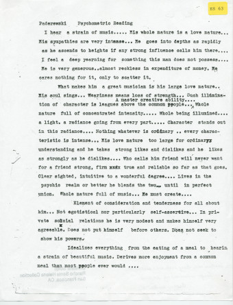 «Paderewski – Psychometric Reading» [un portrait psychométrique] – Texte dactylographié sans aucune référence