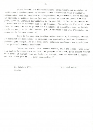 «Deux grands patriotes polonais: Chopin et Paderewski» – Texte dactylographié écrit à Genève le 11 octobre 1991 par le Dr Vahé Pakar