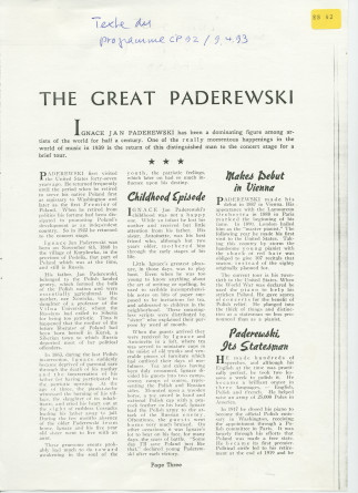 «The Great Paderewski» – Biographie détaillée (mais non signée) publiée dans le programme du récital donné par Paderewski le 9 avril 1939 au Civic Auditorium de San Francisco, accompagnée d'impressions du chef américain Walter Damrosch