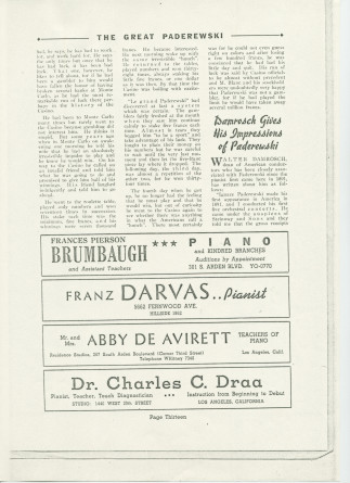 «The Great Paderewski» – Biographie détaillée (mais non signée) publiée dans le programme du récital donné par Paderewski le 9 avril 1939 au Civic Auditorium de San Francisco, accompagnée d'impressions du chef américain Walter Damrosch