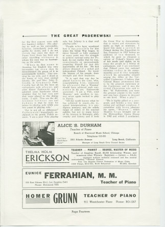«The Great Paderewski» – Biographie détaillée (mais non signée) publiée dans le programme du récital donné par Paderewski le 9 avril 1939 au Civic Auditorium de San Francisco, accompagnée d'impressions du chef américain Walter Damrosch