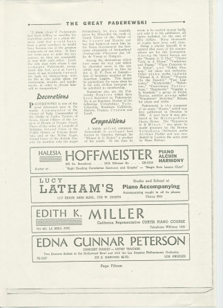 «The Great Paderewski» – Biographie détaillée (mais non signée) publiée dans le programme du récital donné par Paderewski le 9 avril 1939 au Civic Auditorium de San Francisco, accompagnée d'impressions du chef américain Walter Damrosch