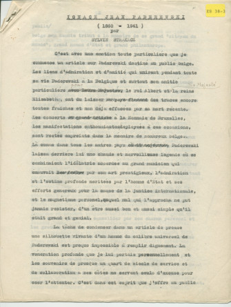 Biographie dactylographiée (corrigée à la main) de Paderewski rédigée peu après sa mort par Sylwin Strakacz (son secrétaire et consul général de la République de Pologne à Genève puis à New York) «destinée au public belge» et probablement publiée