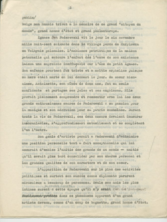 Biographie dactylographiée (corrigée à la main) de Paderewski rédigée peu après sa mort par Sylwin Strakacz (son secrétaire et consul général de la République de Pologne à Genève puis à New York) «destinée au public belge» et probablement publiée
