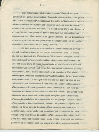 Biographie dactylographiée (corrigée à la main) de Paderewski rédigée peu après sa mort par Sylwin Strakacz (son secrétaire et consul général de la République de Pologne à Genève puis à New York) «destinée au public belge» et probablement publiée