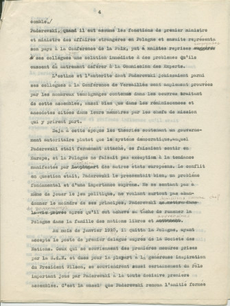 Biographie dactylographiée (corrigée à la main) de Paderewski rédigée peu après sa mort par Sylwin Strakacz (son secrétaire et consul général de la République de Pologne à Genève puis à New York) «destinée au public belge» et probablement publiée