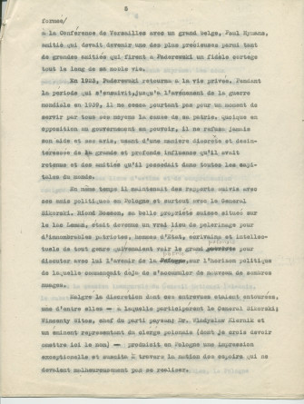 Biographie dactylographiée (corrigée à la main) de Paderewski rédigée peu après sa mort par Sylwin Strakacz (son secrétaire et consul général de la République de Pologne à Genève puis à New York) «destinée au public belge» et probablement publiée