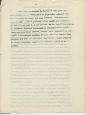 Biographie dactylographiée (corrigée à la main) de Paderewski rédigée peu après sa mort par Sylwin Strakacz (son secrétaire et consul général de la République de Pologne à Genève puis à New York) «destinée au public belge» et probablement publiée