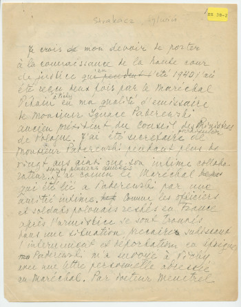 Récit manuscrit (avec saisie dactylographiée) de Sylwin Strakacz rédigé probablement en 1945 à destination de la Haute cour de justice (de France?), pour «justifier» ses démarches auprès du maréchal Pétain en juin 1940 à la demande de Paderewski