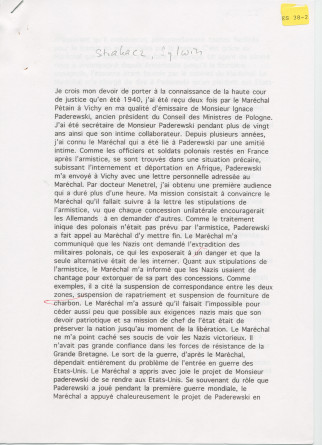 Récit manuscrit (avec saisie dactylographiée) de Sylwin Strakacz rédigé probablement en 1945 à destination de la Haute cour de justice (de France?), pour «justifier» ses démarches auprès du maréchal Pétain en juin 1940 à la demande de Paderewski