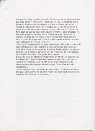 Récit manuscrit (avec saisie dactylographiée) de Sylwin Strakacz rédigé probablement en 1945 à destination de la Haute cour de justice (de France?), pour «justifier» ses démarches auprès du maréchal Pétain en juin 1940 à la demande de Paderewski