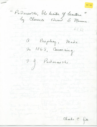 «A prophecy, made in 1868, concerning I. J. Paderewski» [une prophétie concernant Paderewski faite (le 29 février) 1868 (par le Prof. Kornel Ujejski de l'Université de Lemberg)