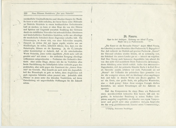 «Manru» – Chapitre 20 du livre «Kranz. Gesammelte Blätter über Musik» [sélection de papiers sur la musique] publié en 1903 chez Lauterbach & Kuhn à Leipzig par le musicologue, critique et librettiste autrichien Richard Batka