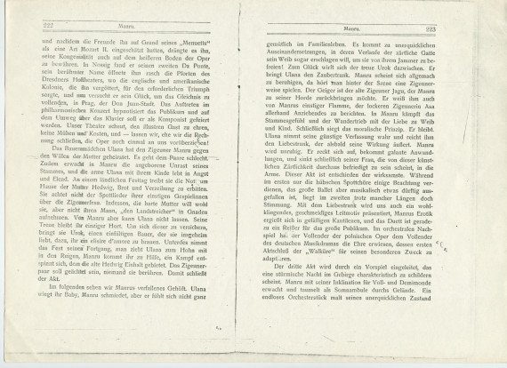 «Manru» – Chapitre 20 du livre «Kranz. Gesammelte Blätter über Musik» [sélection de papiers sur la musique] publié en 1903 chez Lauterbach & Kuhn à Leipzig par le musicologue, critique et librettiste autrichien Richard Batka
