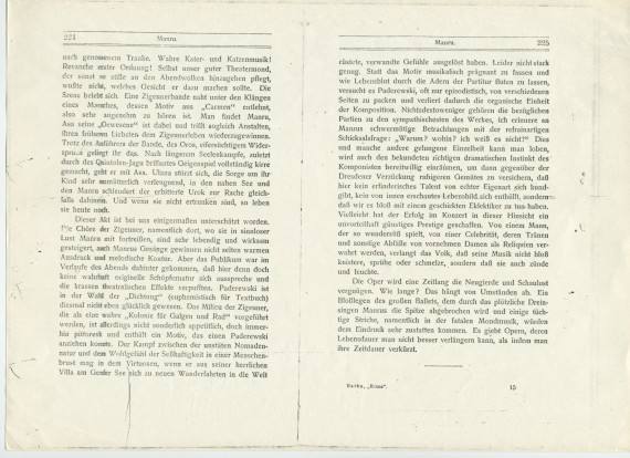 «Manru» – Chapitre 20 du livre «Kranz. Gesammelte Blätter über Musik» [sélection de papiers sur la musique] publié en 1903 chez Lauterbach & Kuhn à Leipzig par le musicologue, critique et librettiste autrichien Richard Batka