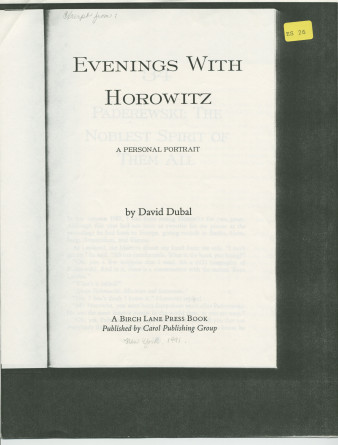«Paderewski: The Noblest Spirit of Them All» [Le plus noble esprit parmi tous] – Chapitre 34 du livre «Evenings With Horowitz – A Personal Portrait» [Soirées avec Horowitz – Un portrait personnel] de David Dubal, publié en 1991 à New York chez Birch Lane