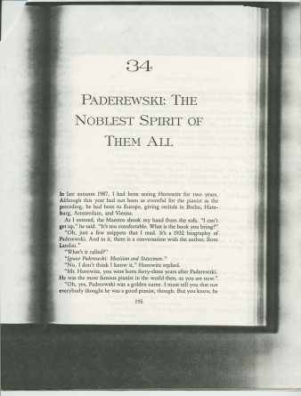 «Paderewski: The Noblest Spirit of Them All» [Le plus noble esprit parmi tous] – Chapitre 34 du livre «Evenings With Horowitz – A Personal Portrait» [Soirées avec Horowitz – Un portrait personnel] de David Dubal, publié en 1991 à New York chez Birch Lane
