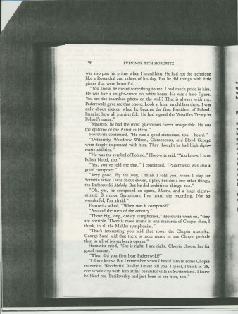 «Paderewski: The Noblest Spirit of Them All» [Le plus noble esprit parmi tous] – Chapitre 34 du livre «Evenings With Horowitz – A Personal Portrait» [Soirées avec Horowitz – Un portrait personnel] de David Dubal, publié en 1991 à New York chez Birch Lane