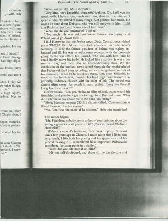 «Paderewski: The Noblest Spirit of Them All» [Le plus noble esprit parmi tous] – Chapitre 34 du livre «Evenings With Horowitz – A Personal Portrait» [Soirées avec Horowitz – Un portrait personnel] de David Dubal, publié en 1991 à New York chez Birch Lane