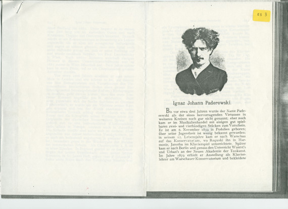 Portrait en allemand de Paderewski paru dans «Berühmte Klavierspieler der Vergangenheit und Gegenwart. Eine Sammlung von 116 Biographien und 114 Porträts» [Pianiste célèbres du passé et du présent. Une collection de 116 biographies et 114 portraits]