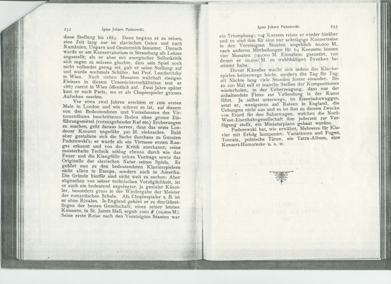Portrait en allemand de Paderewski paru dans «Berühmte Klavierspieler der Vergangenheit und Gegenwart. Eine Sammlung von 116 Biographien und 114 Porträts» [Pianiste célèbres du passé et du présent. Une collection de 116 biographies et 114 portraits]