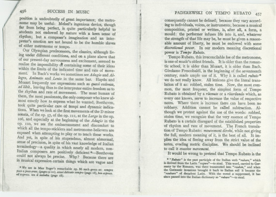 «Paderewski on tempo rubato» – Chapitre XXVIII du livre «Success in Music and How It Is Won» de Henry Theophilus Finck, publié à Londres en 1910, traitant notamment de l'interprétation de Chopin
