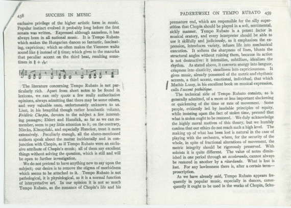 «Paderewski on tempo rubato» – Chapitre XXVIII du livre «Success in Music and How It Is Won» de Henry Theophilus Finck, publié à Londres en 1910, traitant notamment de l'interprétation de Chopin
