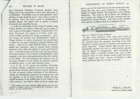 «Paderewski on tempo rubato» – Chapitre XXVIII du livre «Success in Music and How It Is Won» de Henry Theophilus Finck, publié à Londres en 1910, traitant notamment de l'interprétation de Chopin