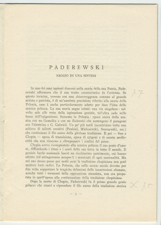 «Paderewski – saggio di una sintesi» [Essai d'une synthèse] – Brochure en italien de Matteo (ou Mateusz) Glinski (ou Hercenstein), tiré à part de «La Rassegna Musicale», éditée en 1941 chez Felice Le Monnier à Florence