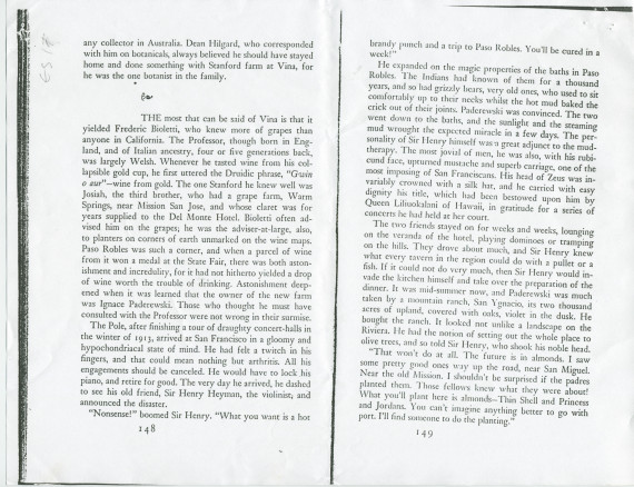 «Vines in the Sun – A Journey through the California Vineyards» – Livre du nouvelliste anglais Idwal Jones, illustré par Albert J. Camille, publié en 1949 à New York chez William Morrow & Company – Photocopie d'un extrait évoquant Paderewski et Paso Ro