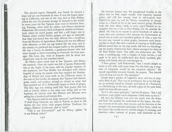 «Vines in the Sun – A Journey through the California Vineyards» – Livre du nouvelliste anglais Idwal Jones, illustré par Albert J. Camille, publié en 1949 à New York chez William Morrow & Company – Photocopie d'un extrait évoquant Paderewski et Paso Ro