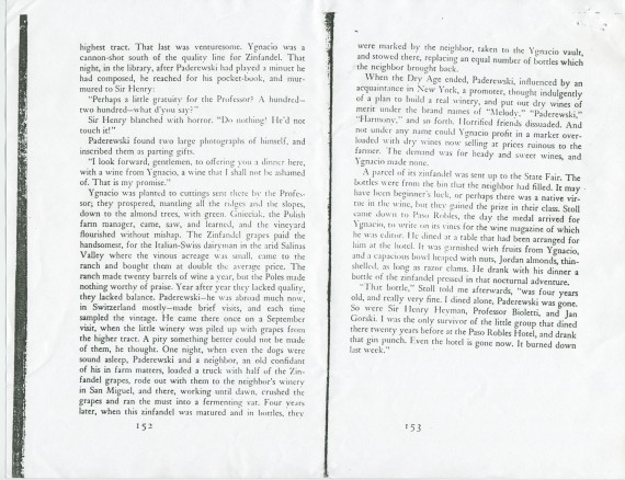 «Vines in the Sun – A Journey through the California Vineyards» – Livre du nouvelliste anglais Idwal Jones, illustré par Albert J. Camille, publié en 1949 à New York chez William Morrow & Company – Photocopie d'un extrait évoquant Paderewski et Paso Ro