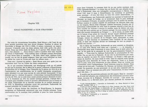 «Ignace Paderewski et Igor Stravinski» – Chapitre VIII du livre «René Morax et son temps» de Pierre Meylan, paru en 1973 aux Editions du Cervin
