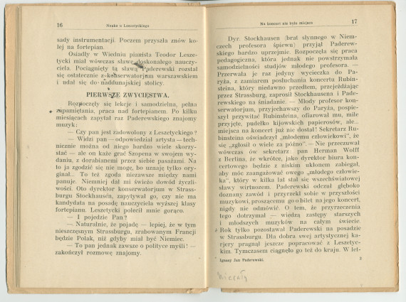 «Ignacy J. Paderewski» – Biographie en polonais à destination des écoliers rédigée par Henryk Opienski, parue à Lwów en 1933 sous la forme d'une petite brochure de 36 pages