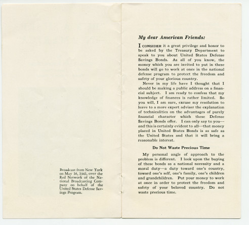 «Buy a Share in America» [Achetez une action en Amérique] – Plaquette de l'allocution radiodiffusée prononcée par Paderewski le 16 mai 1941 sur le Red Network de la National Broadcasting Company