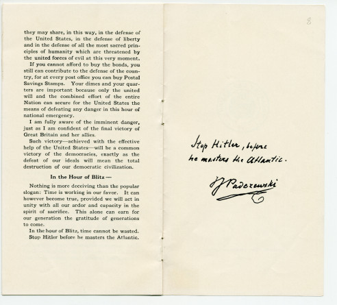 «Buy a Share in America» [Achetez une action en Amérique] – Plaquette de l'allocution radiodiffusée prononcée par Paderewski le 16 mai 1941 sur le Red Network de la National Broadcasting Company