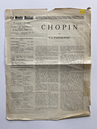 «Chopin» – Plaquette de la traduction française (par Paul Cazin) du discours prononcé par Paderewski le 23 octobre 1910 à Lwów devant l'Union des musiciens polonais, à l'occasion des célébrations du centenaire de la naissance du compositeur (Ed. de la revu