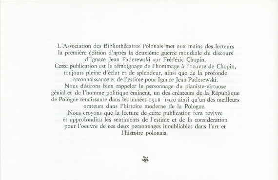 «Chopin» – Plaquette de la traduction française (par Paul Cazin) du discours prononcé par Paderewski le 23 octobre 1910 à Lwów devant l'Union des musiciens polonais, à l'occasion des célébrations du centenaire de la naissance du compositeur (Ed. de la revu