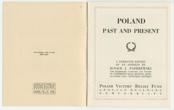 «Poland – Past and Present» [Pologne passée et présente] – Plaquette du discours prononcé par Paderewski le 10 octobre 1915 au Symphony Hall de Boston (petit format) et le 5 février 1916 à l'Auditorium de Chicago (grand format – avec et sans reliure daim)