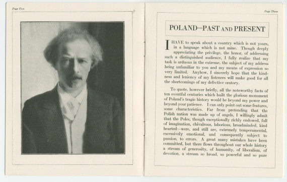 «Poland – Past and Present» [Pologne passée et présente] – Plaquette du discours prononcé par Paderewski le 10 octobre 1915 au Symphony Hall de Boston (petit format) et le 5 février 1916 à l'Auditorium de Chicago (grand format – avec et sans reliure daim)