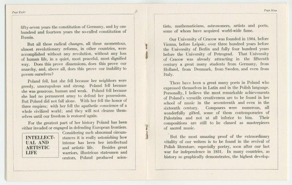«Poland – Past and Present» [Pologne passée et présente] – Plaquette du discours prononcé par Paderewski le 10 octobre 1915 au Symphony Hall de Boston (petit format) et le 5 février 1916 à l'Auditorium de Chicago (grand format – avec et sans reliure daim)