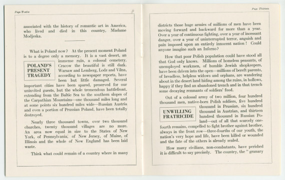 «Poland – Past and Present» [Pologne passée et présente] – Plaquette du discours prononcé par Paderewski le 10 octobre 1915 au Symphony Hall de Boston (petit format) et le 5 février 1916 à l'Auditorium de Chicago (grand format – avec et sans reliure daim)