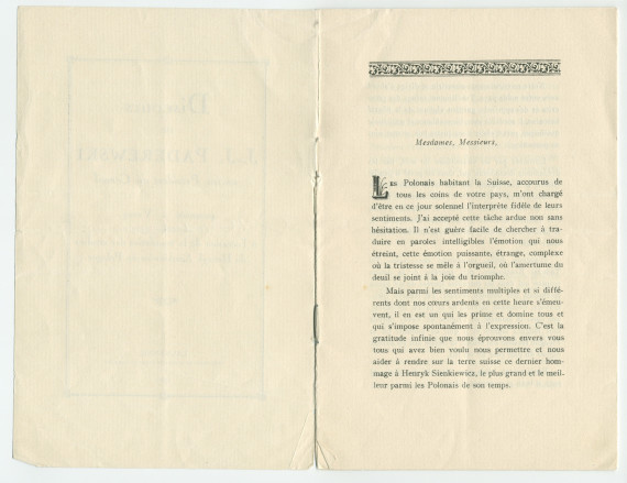 «Roi sans couronne et chef sans glaive» – Plaquette du discours prononcé par Paderewski le 20 octobre 1924 à Vevey à l'occasion de la translation des cendres de Henryk Sienkiewicz en Pologne, éditée à Lausanne en 1925