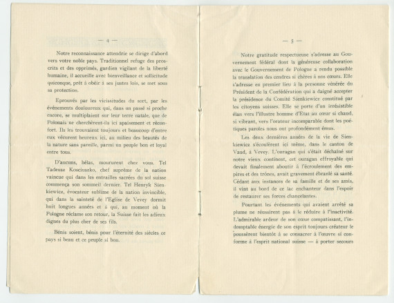«Roi sans couronne et chef sans glaive» – Plaquette du discours prononcé par Paderewski le 20 octobre 1924 à Vevey à l'occasion de la translation des cendres de Henryk Sienkiewicz en Pologne, éditée à Lausanne en 1925
