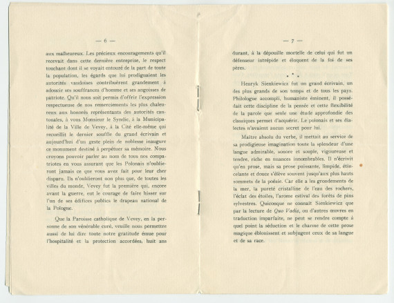 «Roi sans couronne et chef sans glaive» – Plaquette du discours prononcé par Paderewski le 20 octobre 1924 à Vevey à l'occasion de la translation des cendres de Henryk Sienkiewicz en Pologne, éditée à Lausanne en 1925