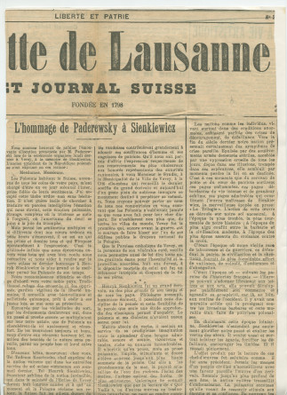 «Roi sans couronne et chef sans glaive» – Plaquette du discours prononcé par Paderewski le 20 octobre 1924 à Vevey à l'occasion de la translation des cendres de Henryk Sienkiewicz en Pologne, éditée à Lausanne en 1925